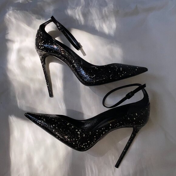 Saint Laurent Shimmery Black and White Ankle Strap Stilettos - Picture 1 of 8